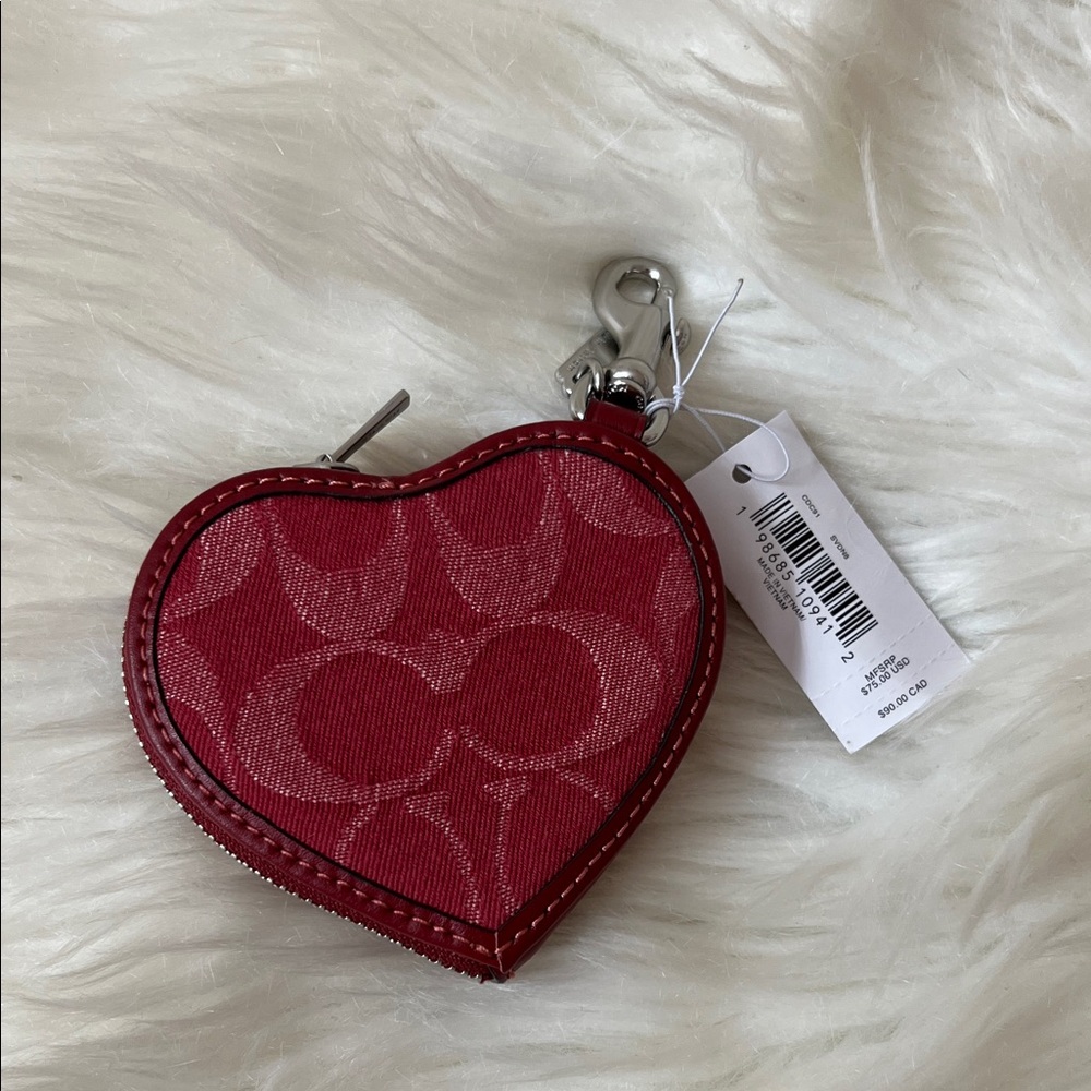 Coach Red Denim Heart Charm Coin Pouch